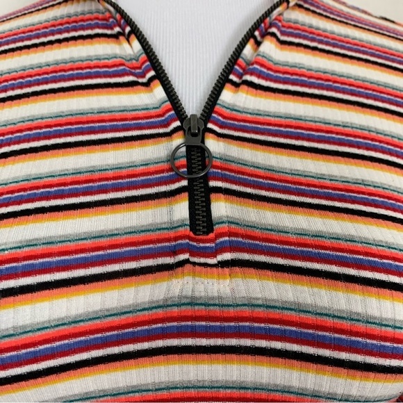 Express One Eleven Striped Ribbed Zip Neck Top 3/4 Sleeves Retro Size XS - Picture 8 of 16
